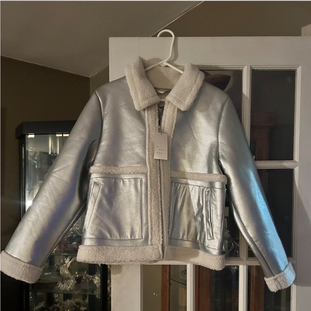 A New Day Women's Winter Faux Leather Shearling Moto Jacket Metallic Silver - Picture 4 of 4